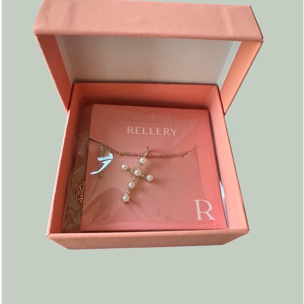 Rellery Pearl Cross Necklace Gold Tone Crystal Accents Religious Jewelry NIB